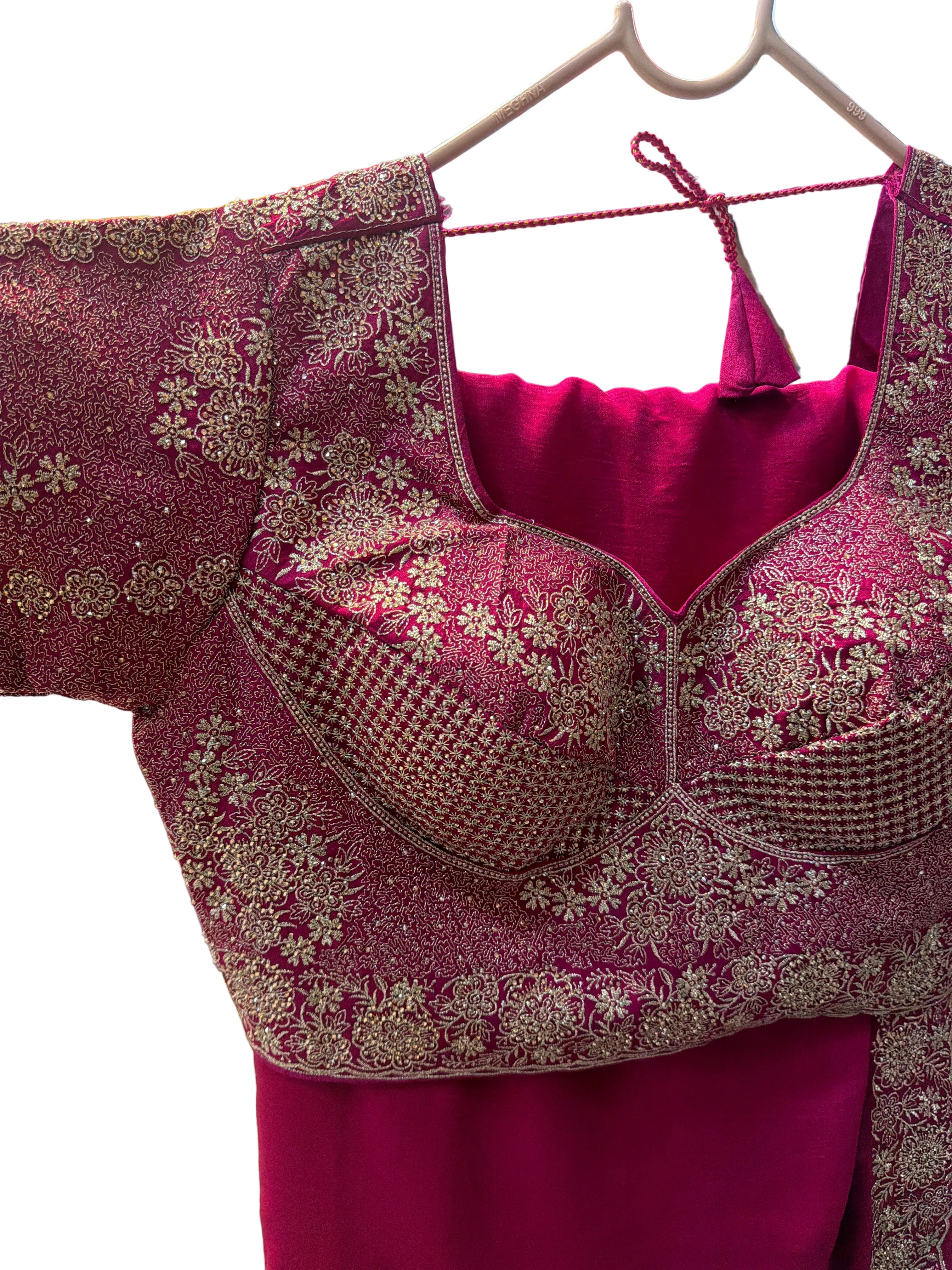 RANI PINK GEORGETTE SAREE WITH HEAVY GOLD FLORAL BORDER