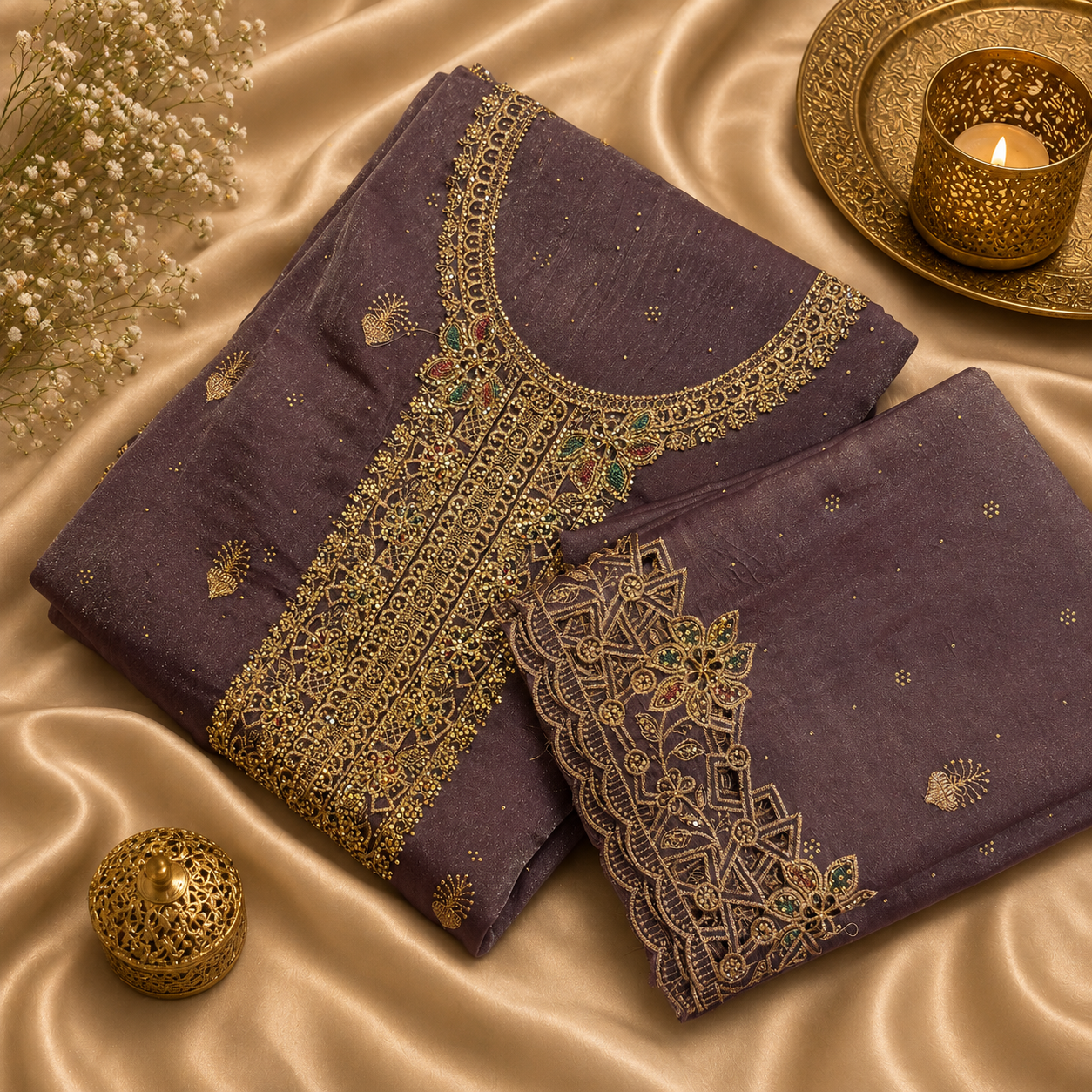 Purple fabric with gold embroidery on a beige fabric background