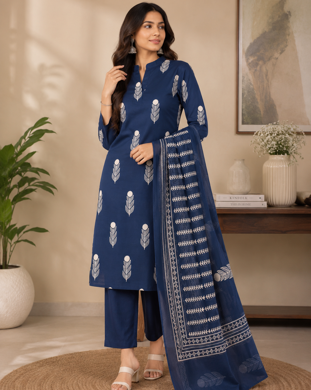 Royal Navy Blue Printed Pure Cotton Set