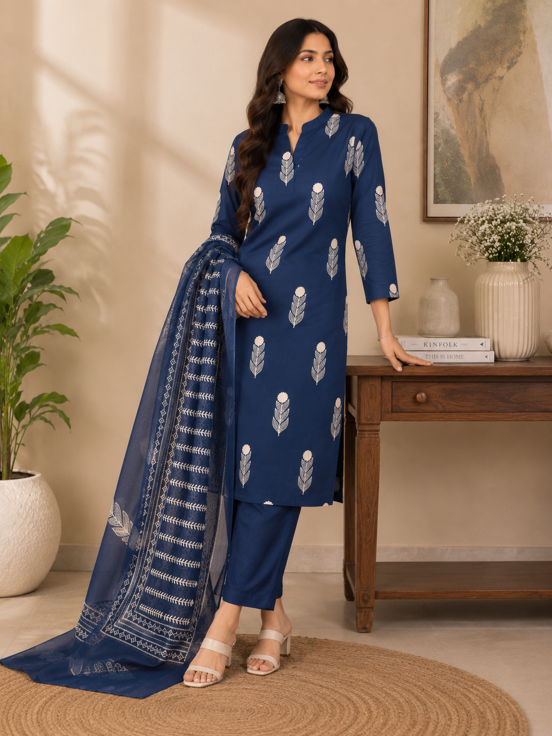 Royal Navy Blue Printed Pure Cotton Set