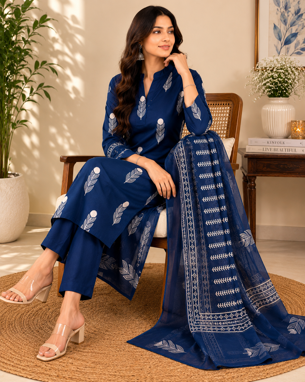Royal Navy Blue Printed Pure Cotton Set
