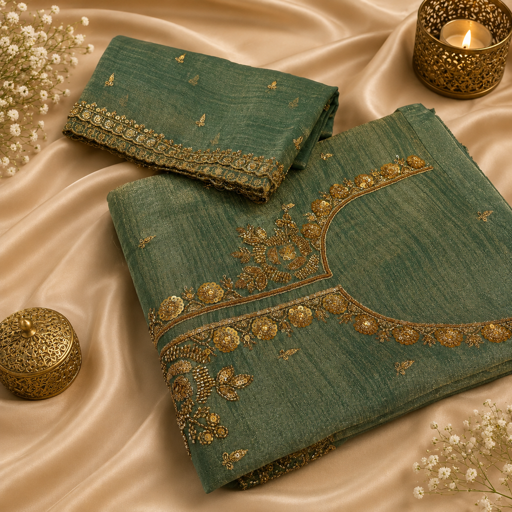 Emerald green heavy work dress material