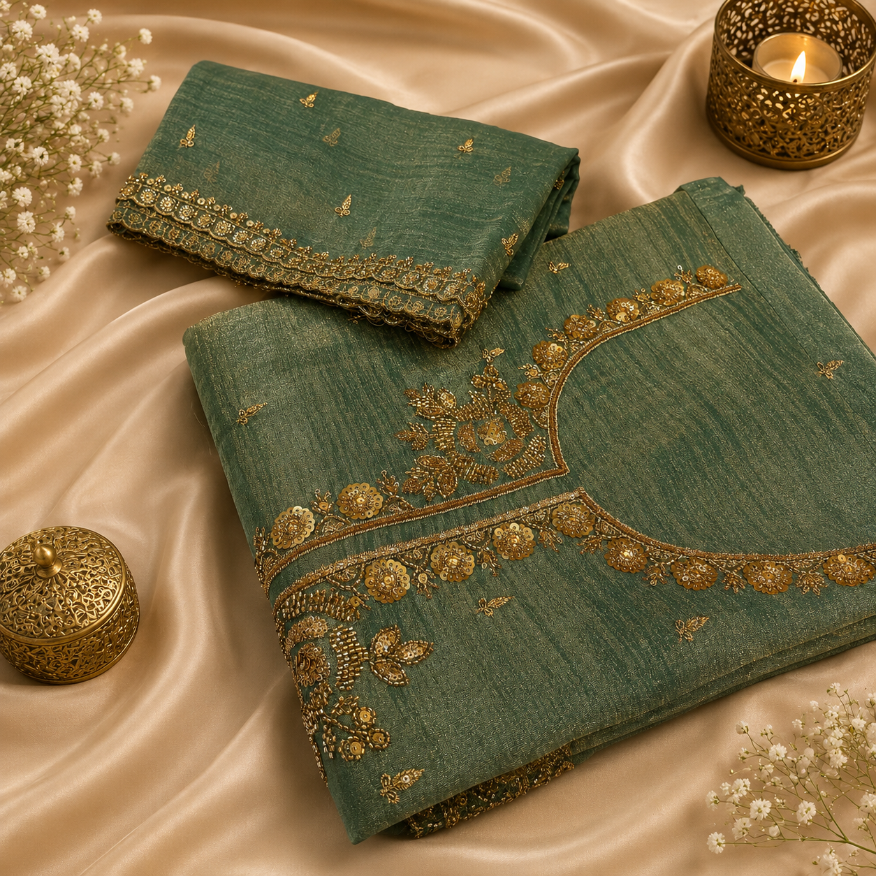 Emerald green heavy work dress material