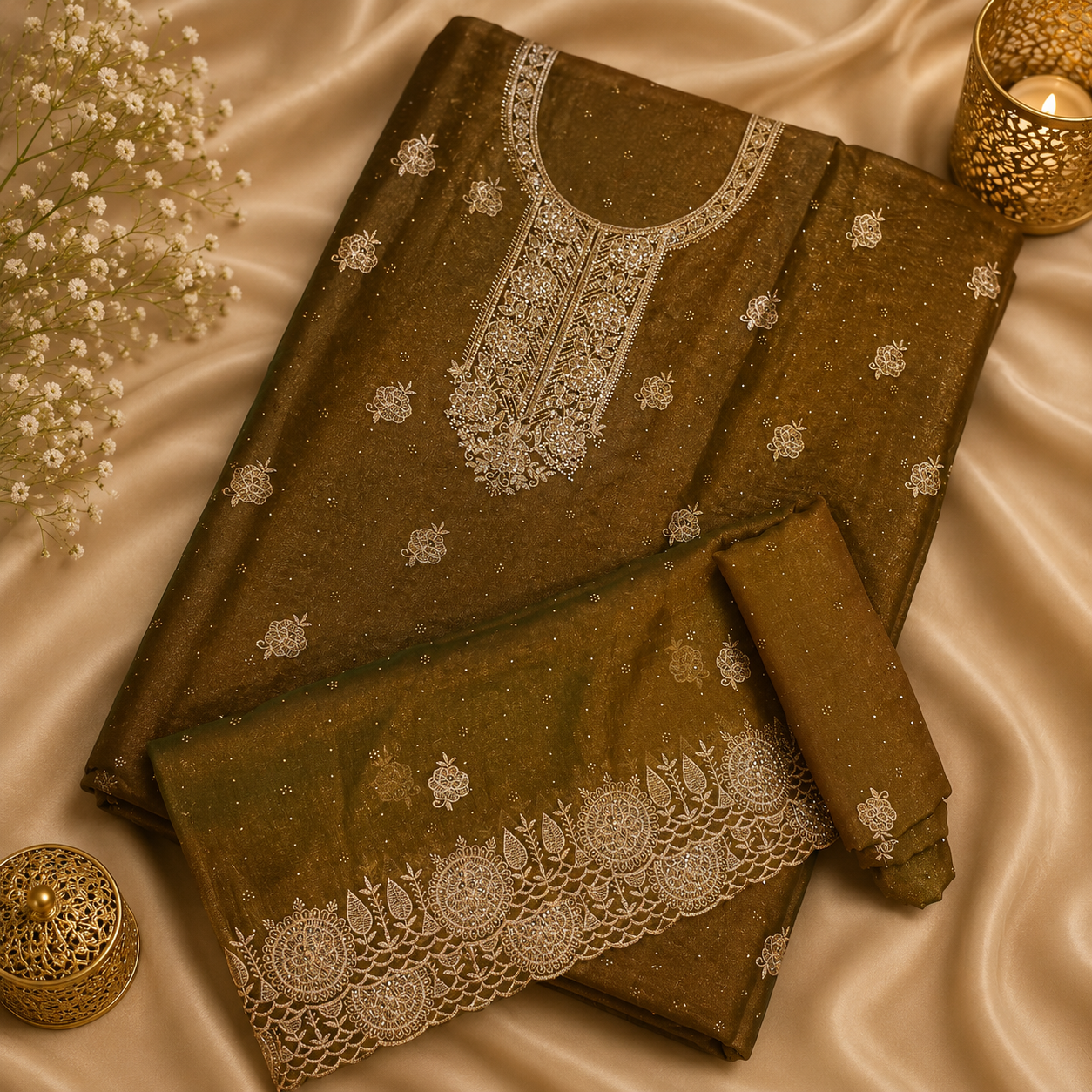 Golden swaroski dress material