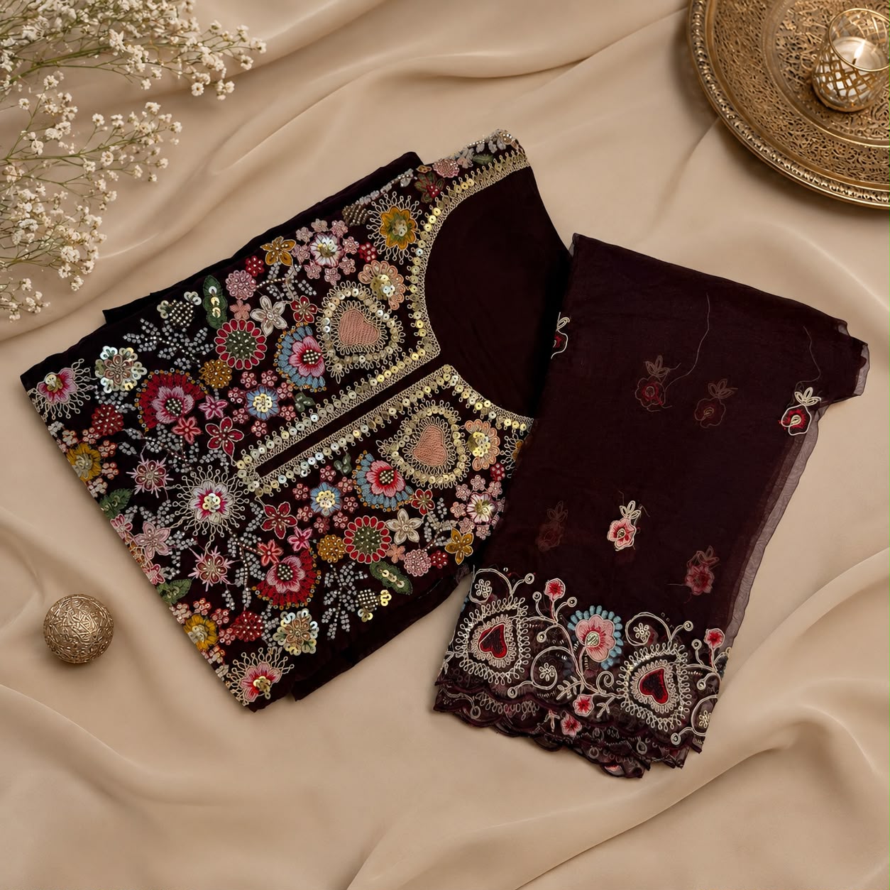 WINE HAND WORK DRESS MATERIAL