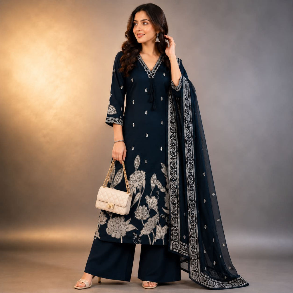 Serenity Navy floral printed premium cotton kurti set