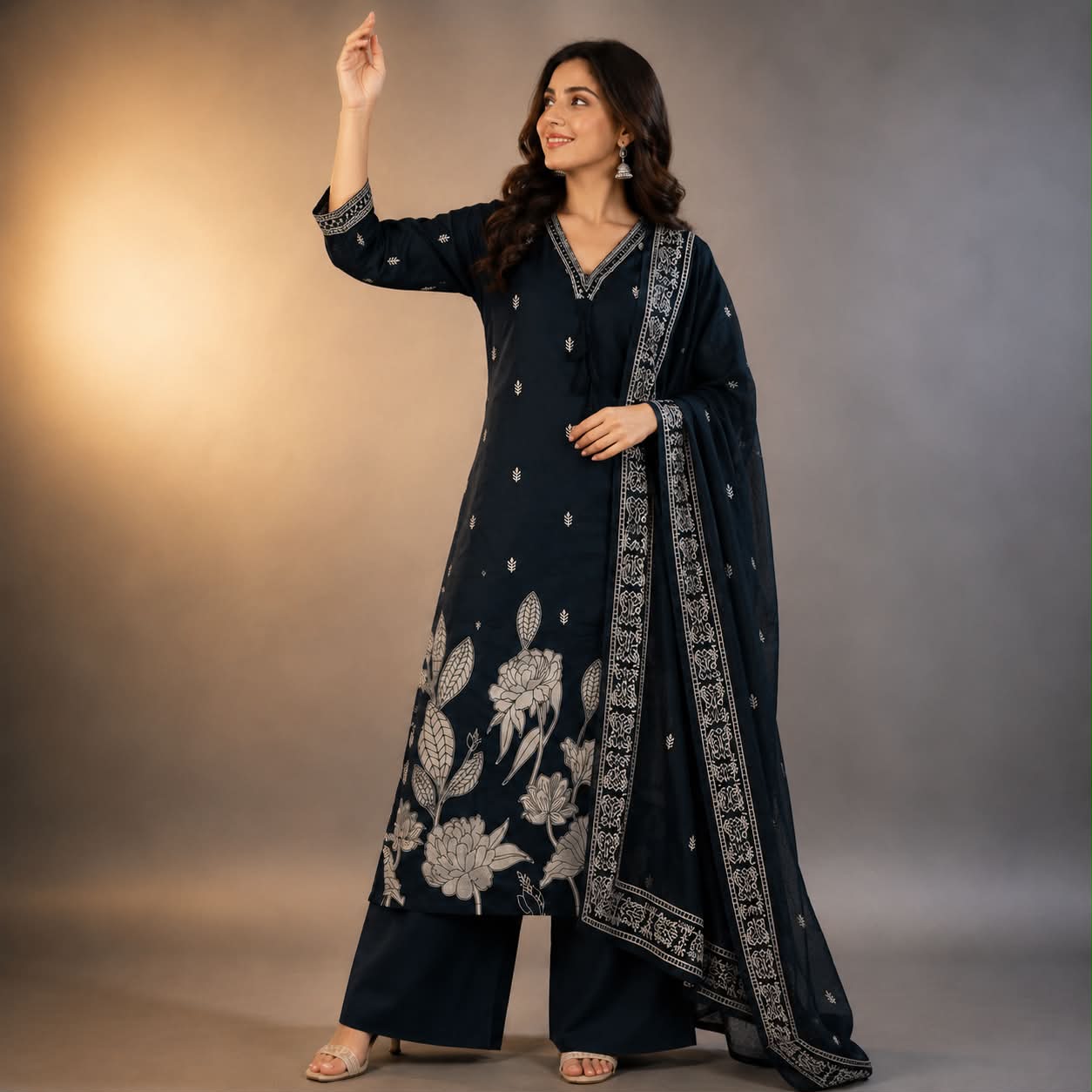 Serenity Navy floral printed premium cotton kurti set