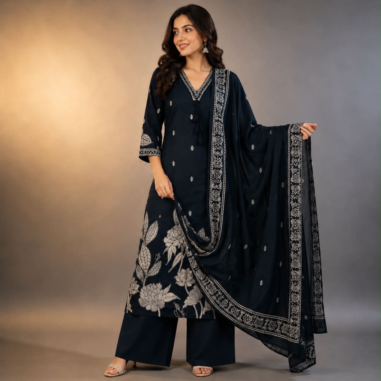 Serenity Navy floral printed premium cotton kurti set