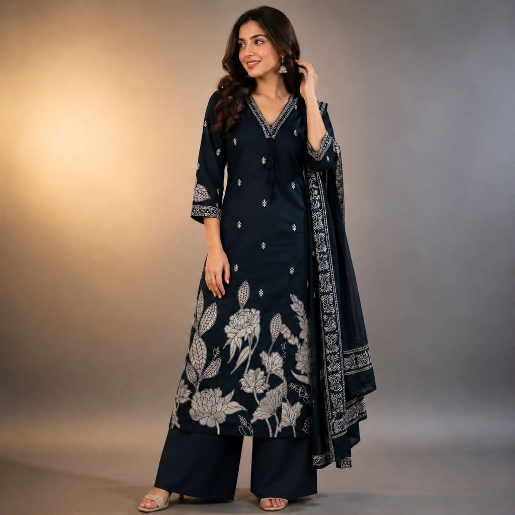 Serenity Navy floral printed premium cotton kurti set