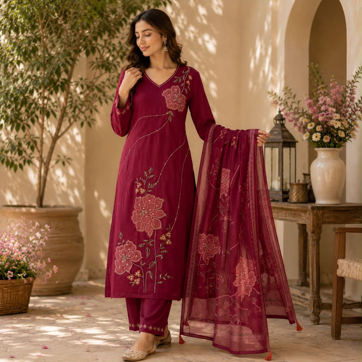 Rani pink mul chanderi kurti set