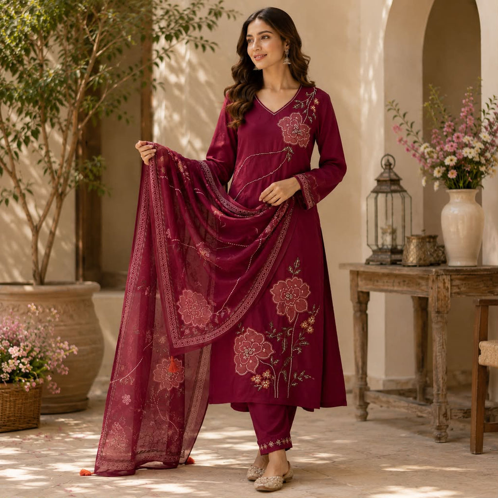 Rani pink mul chanderi kurti set