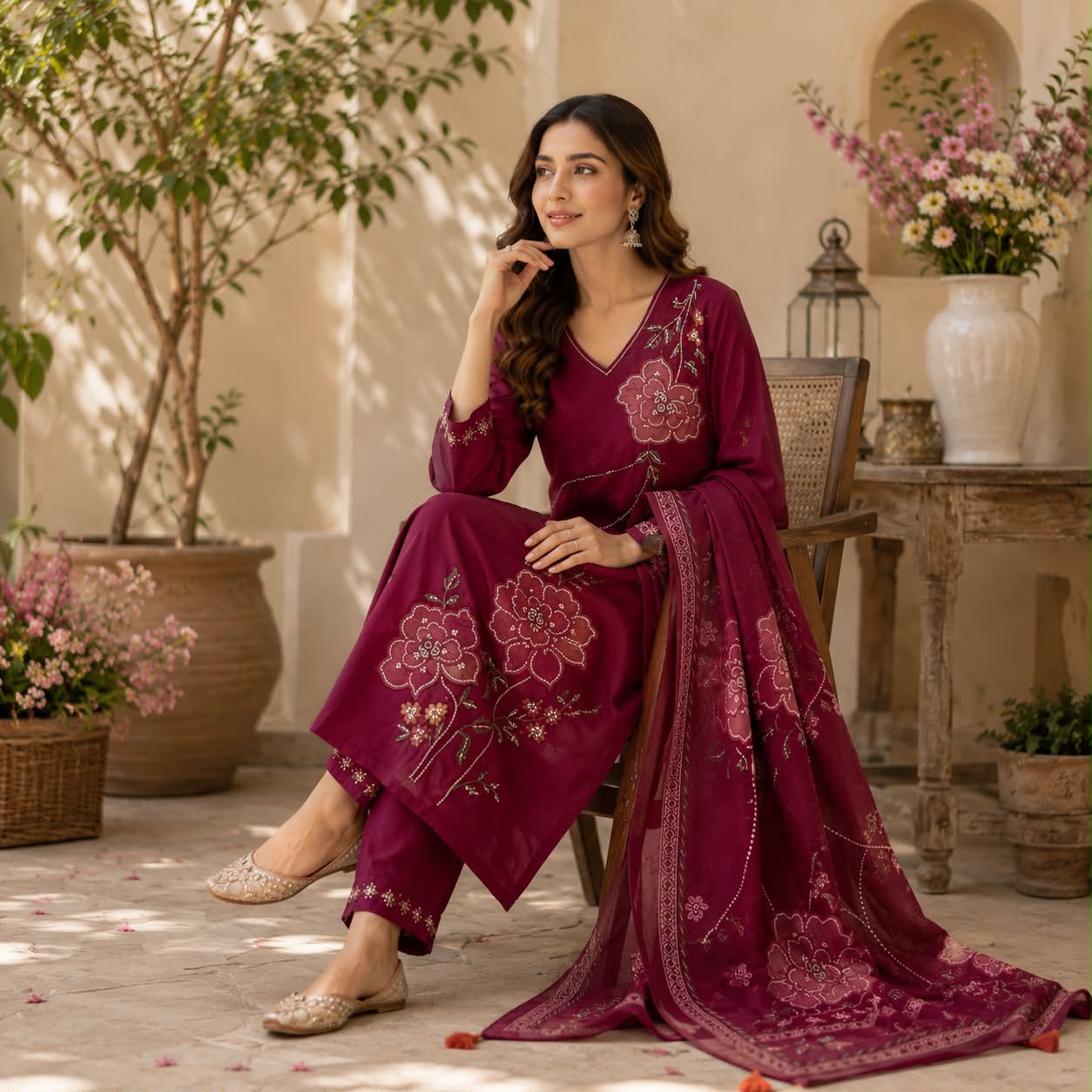 Rani pink mul chanderi kurti set