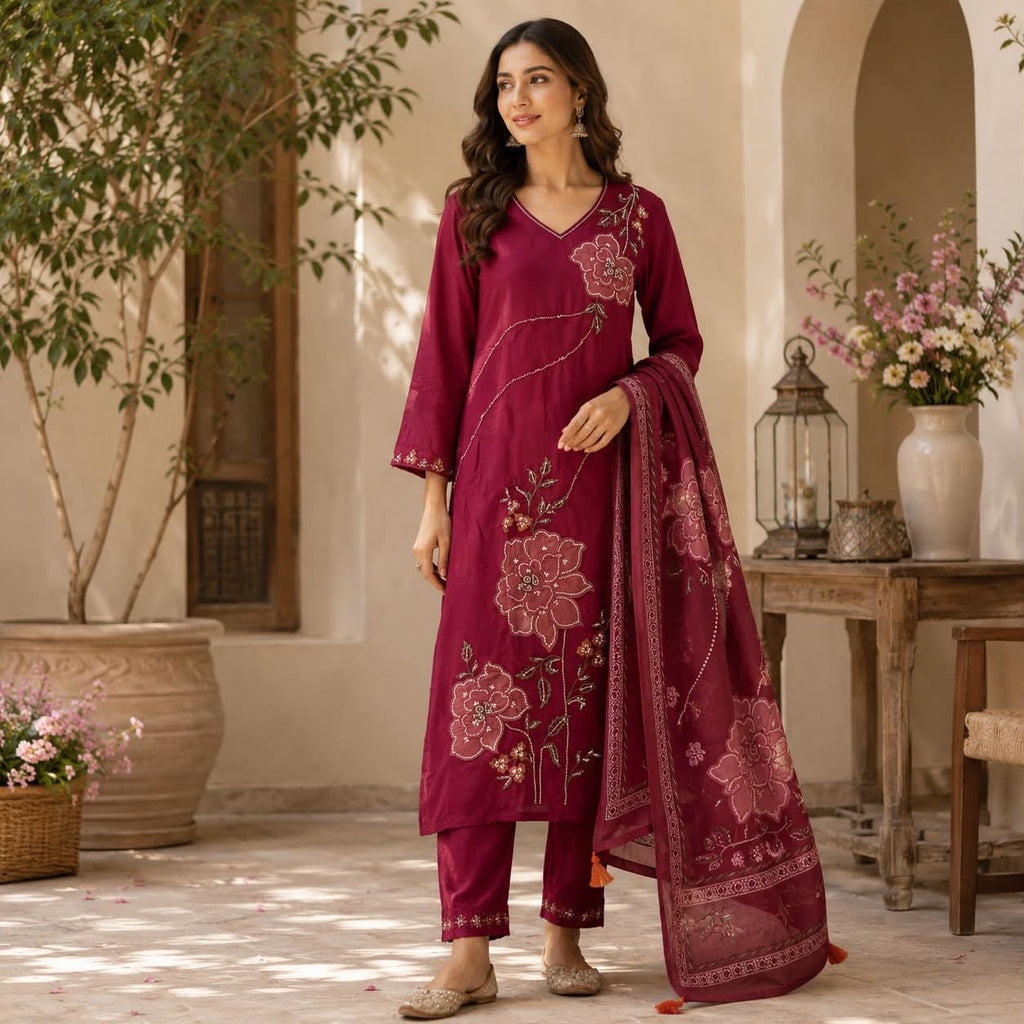 Rani pink mul chanderi kurti set