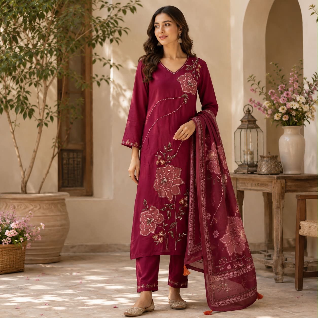 Rani pink mul chanderi kurti set