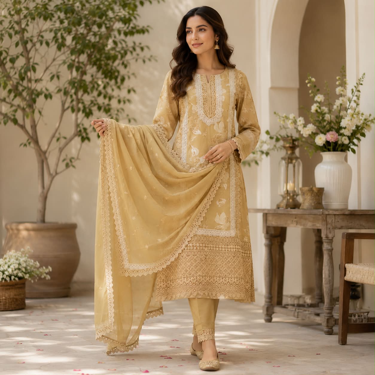 Lawn cotton embroidered work kurti set