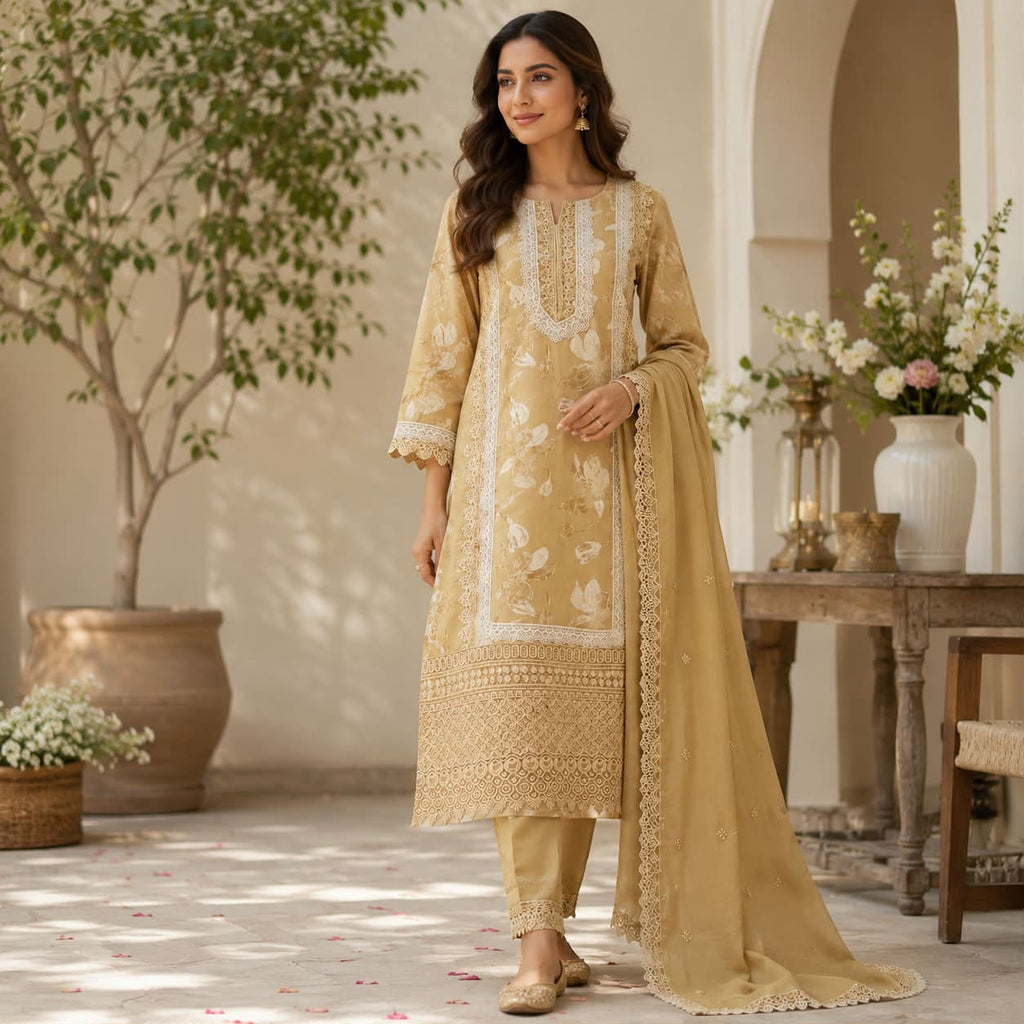 Lawn cotton embroidered work kurti set