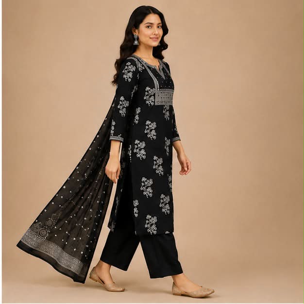 Black printed cotton kurti set