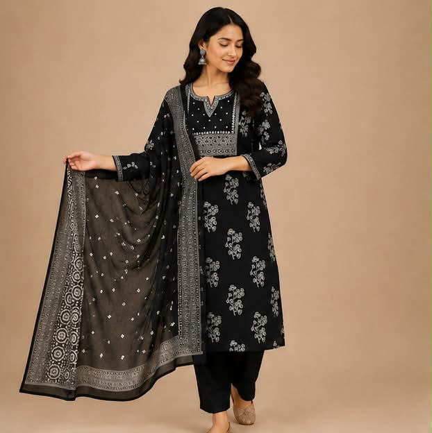 Black printed cotton kurti set