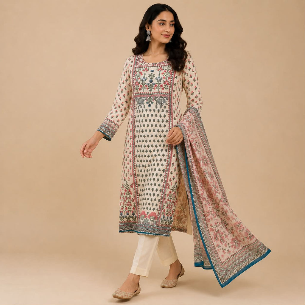 White kashmiri printed work kurti set