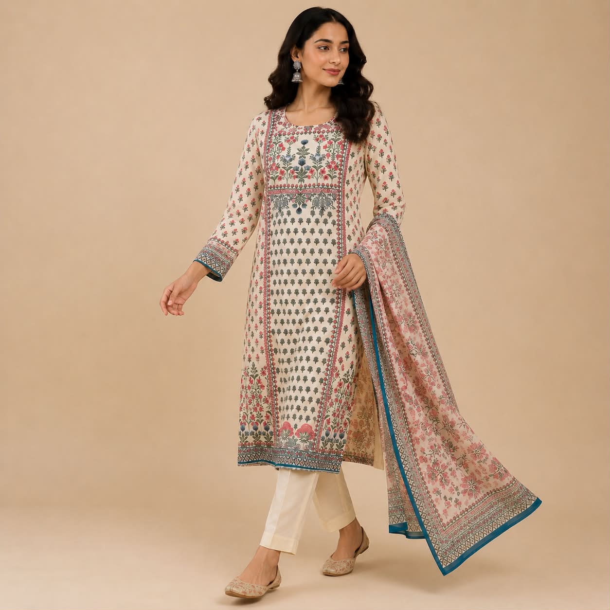 White kashmiri printed work kurti set
