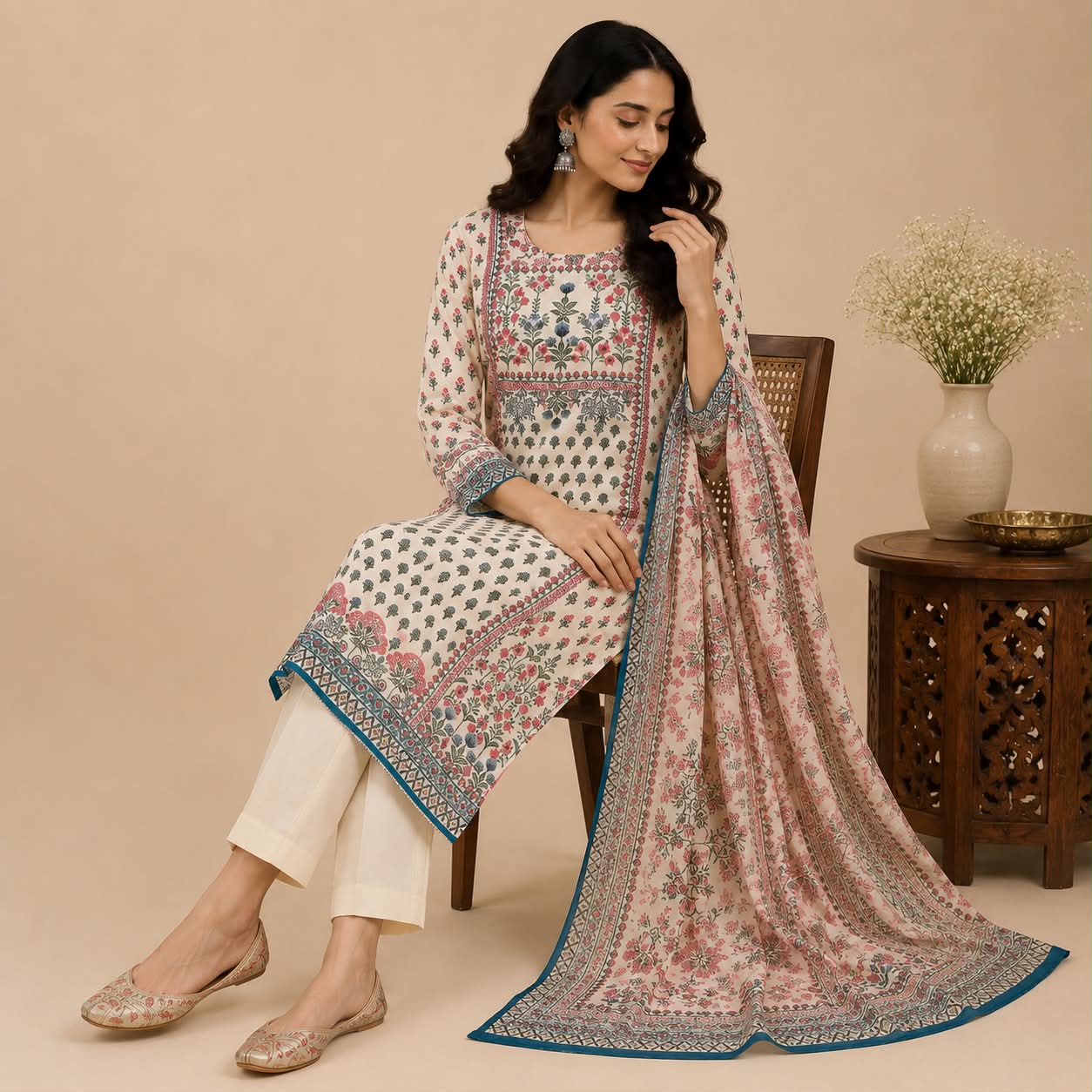 White kashmiri printed work kurti set