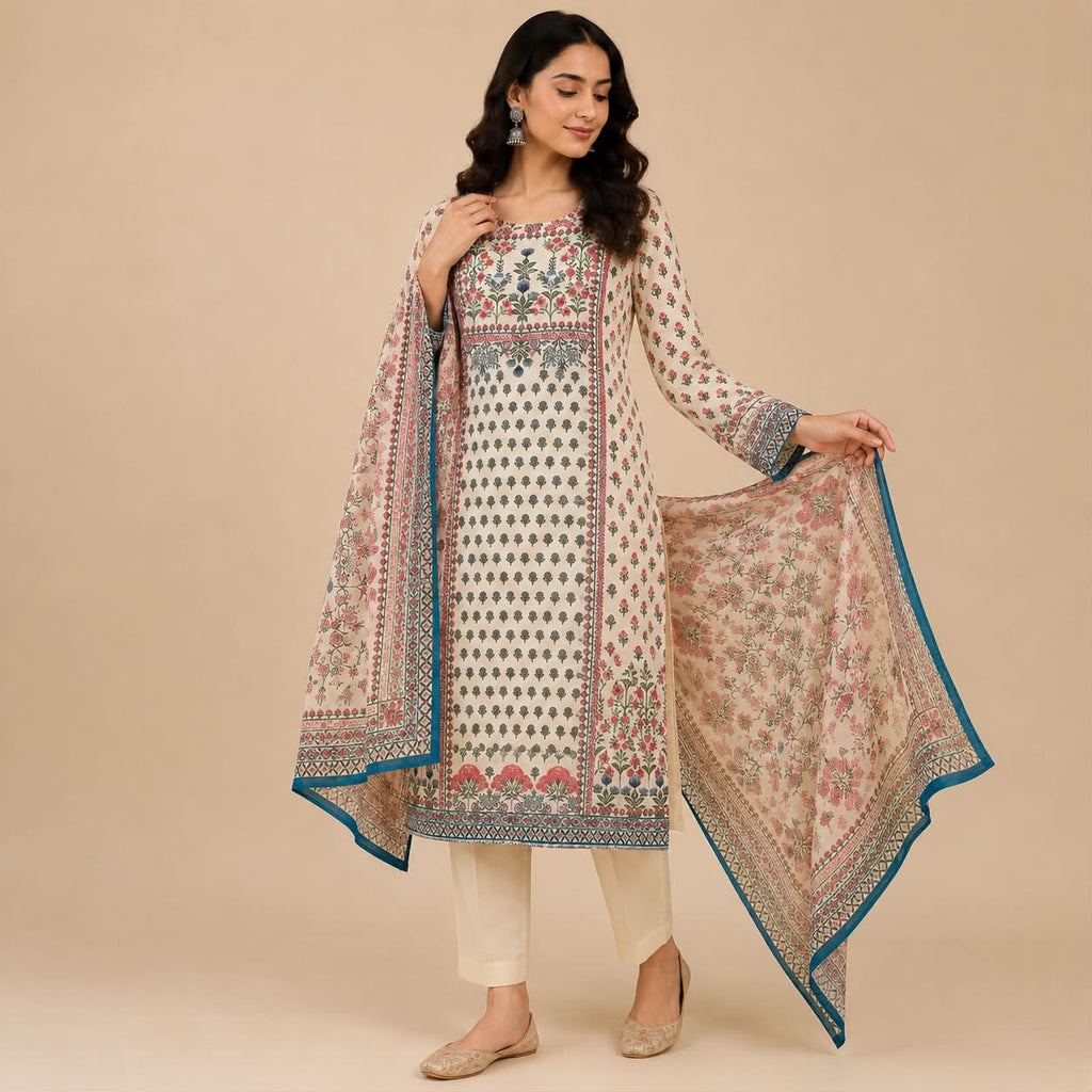 White kashmiri printed work kurti set