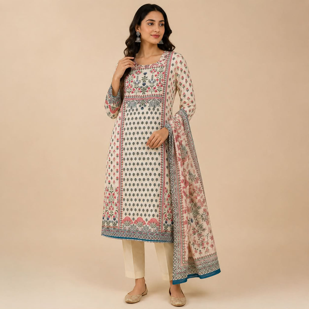 White kashmiri printed work kurti set