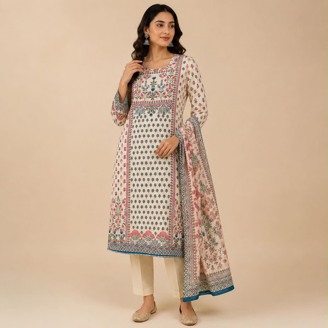 White kashmiri printed work kurti set