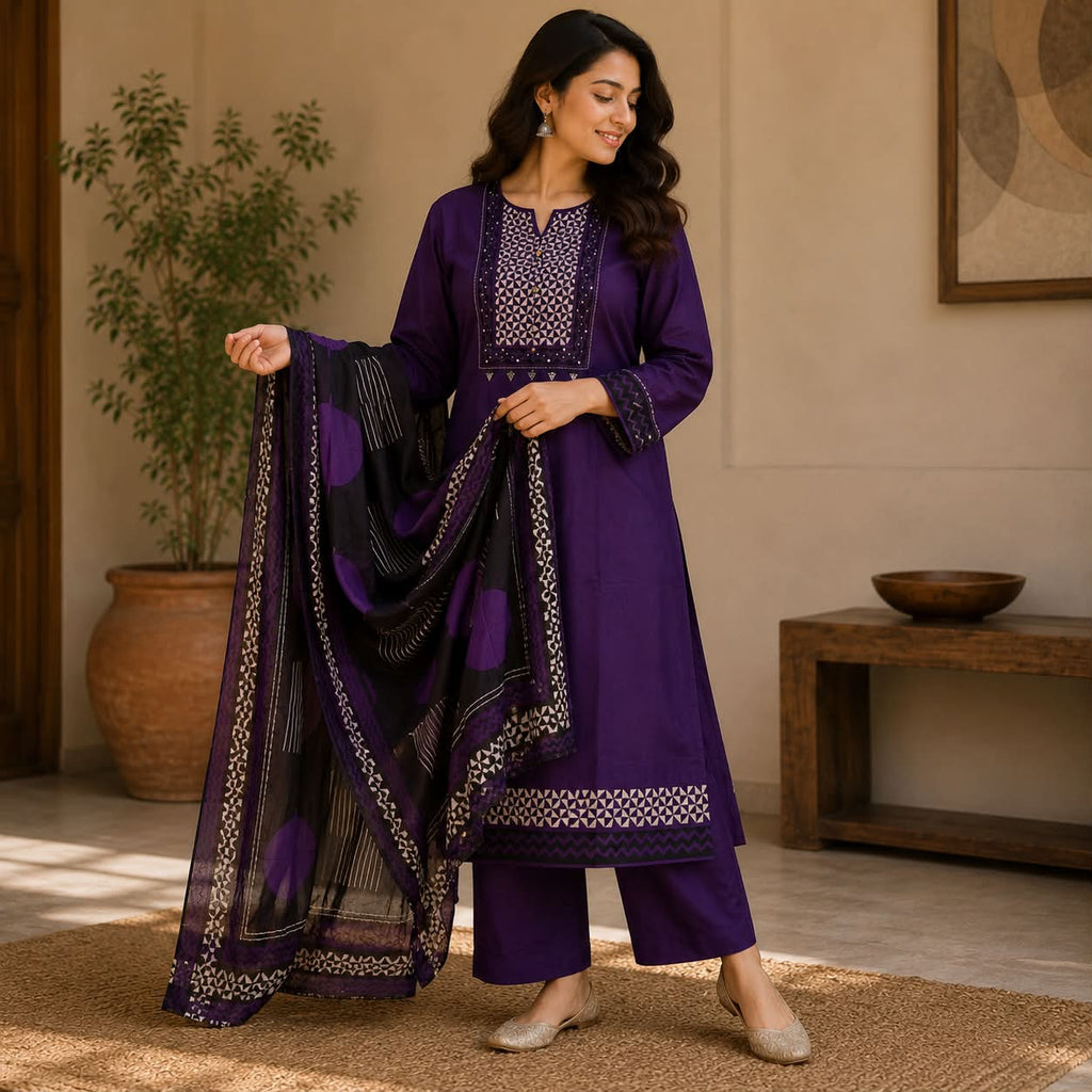 Purple pure cotton printed kurti suit