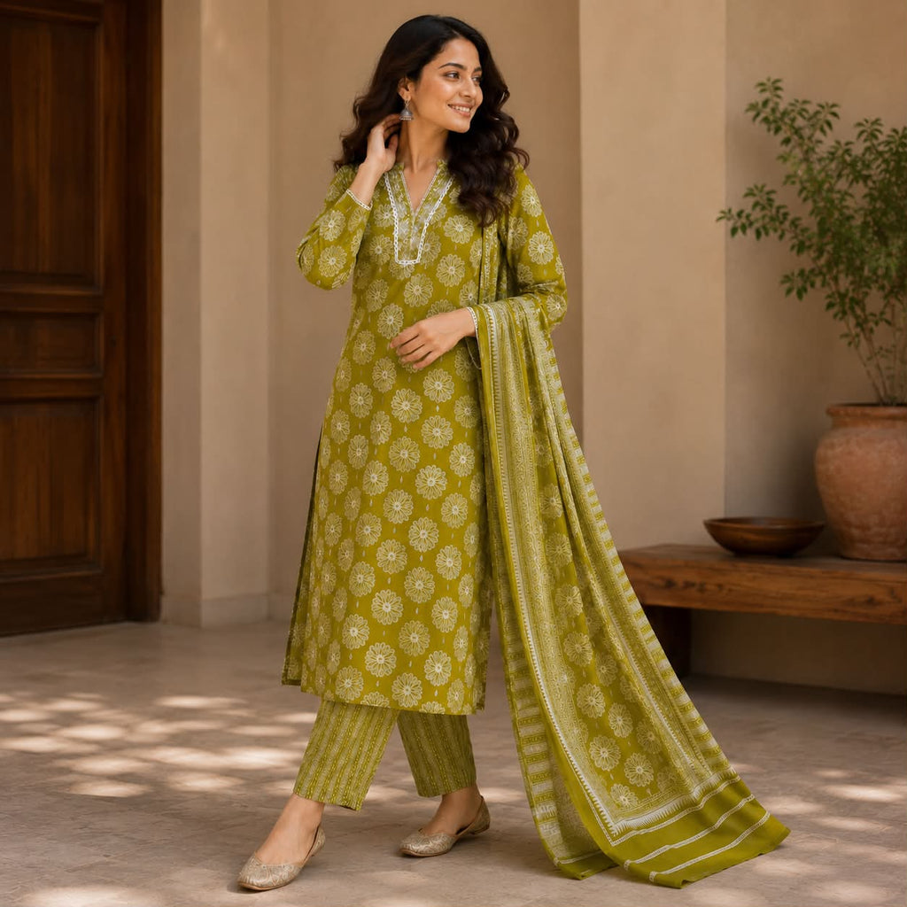Lime green pure cotton floral printed kurti set