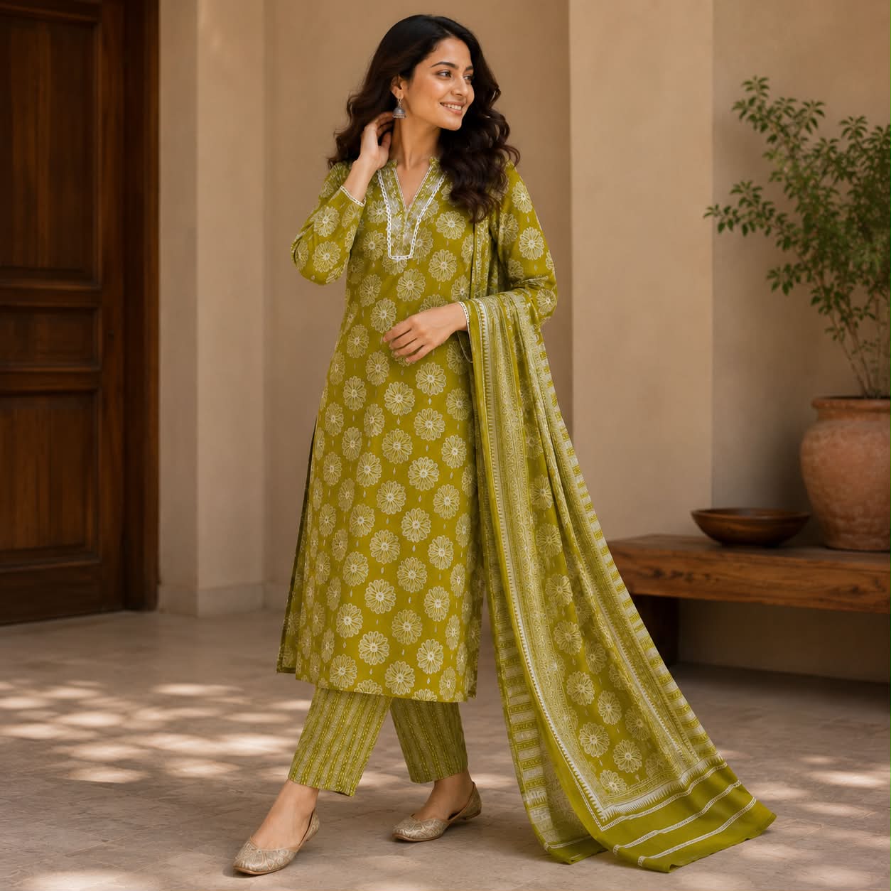 Lime green pure cotton floral printed kurti set