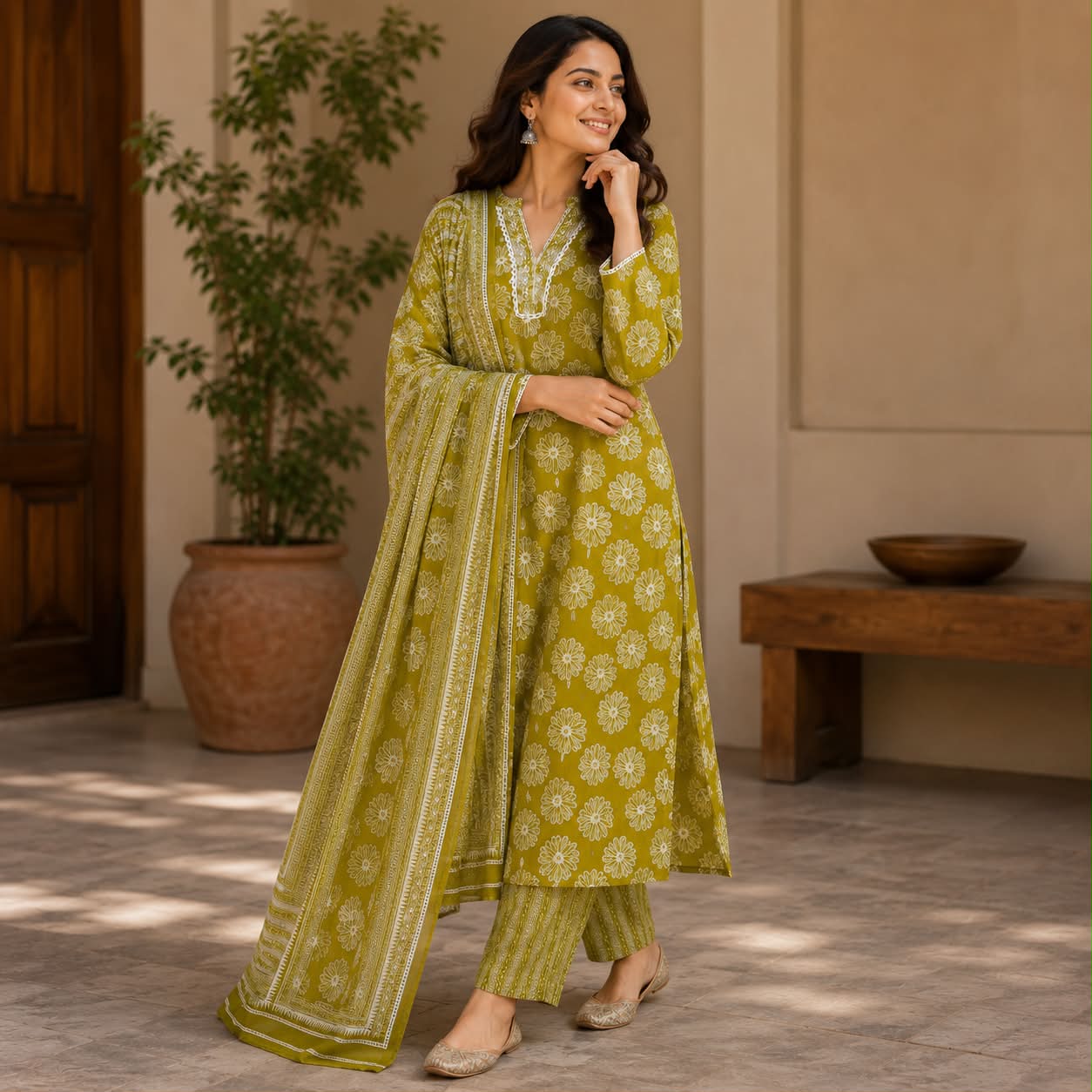 Lime green pure cotton floral printed kurti set