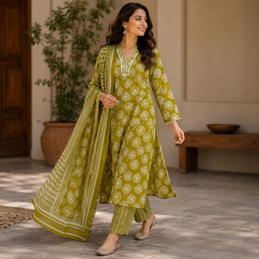 Lime green pure cotton floral printed kurti set