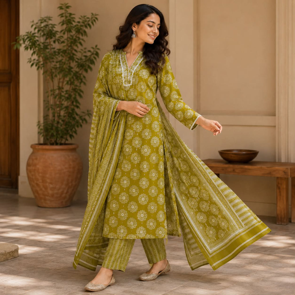 Lime green pure cotton floral printed kurti set