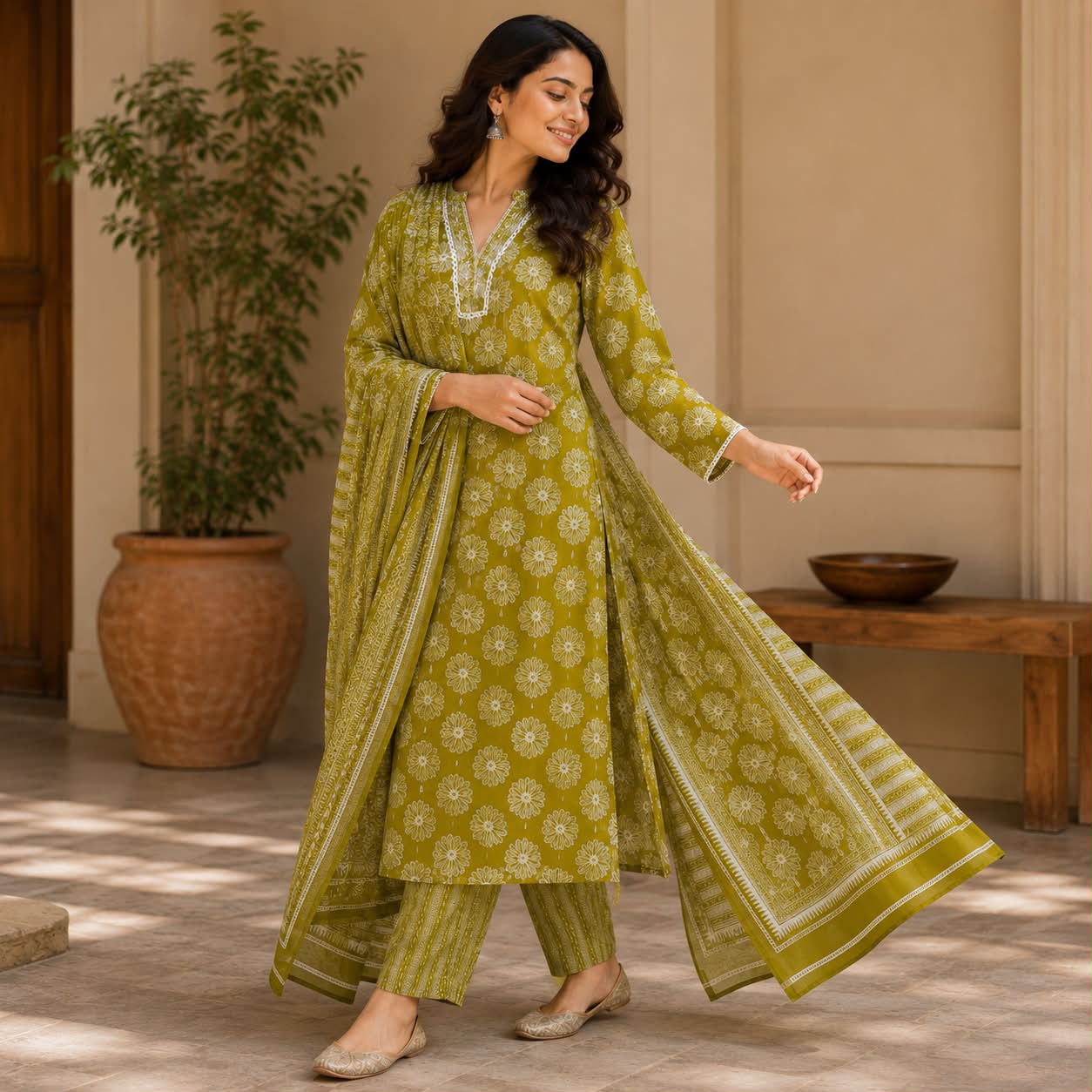 Lime green pure cotton floral printed kurti set