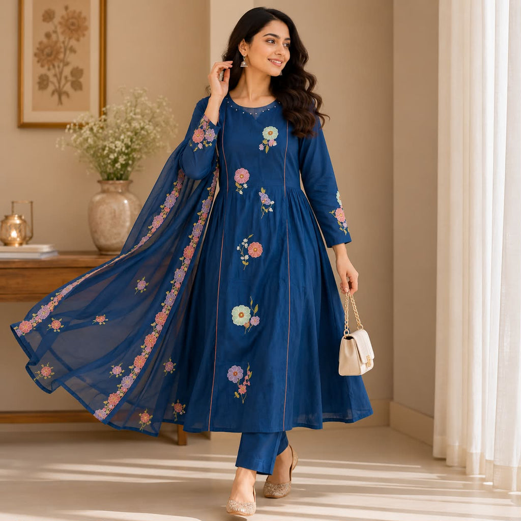 Blue pure cotton floral embroidered anarkali set