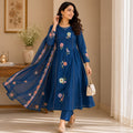 Blue pure cotton floral embroidered anarkali set