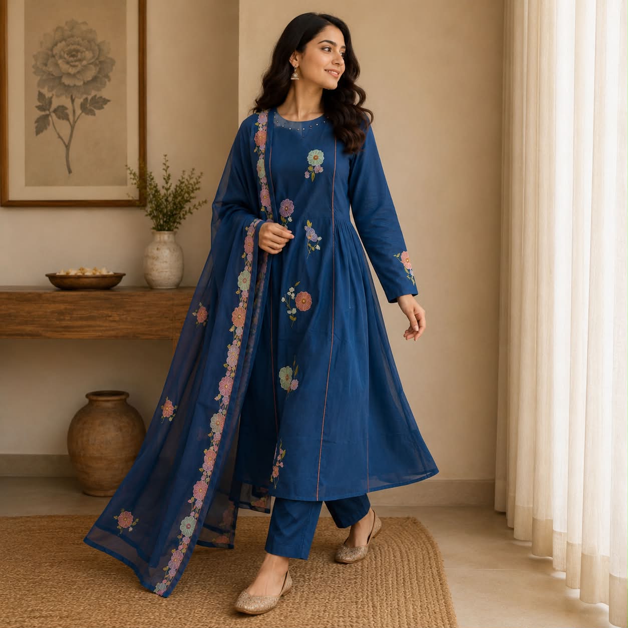 Blue pure cotton floral embroidered anarkali set