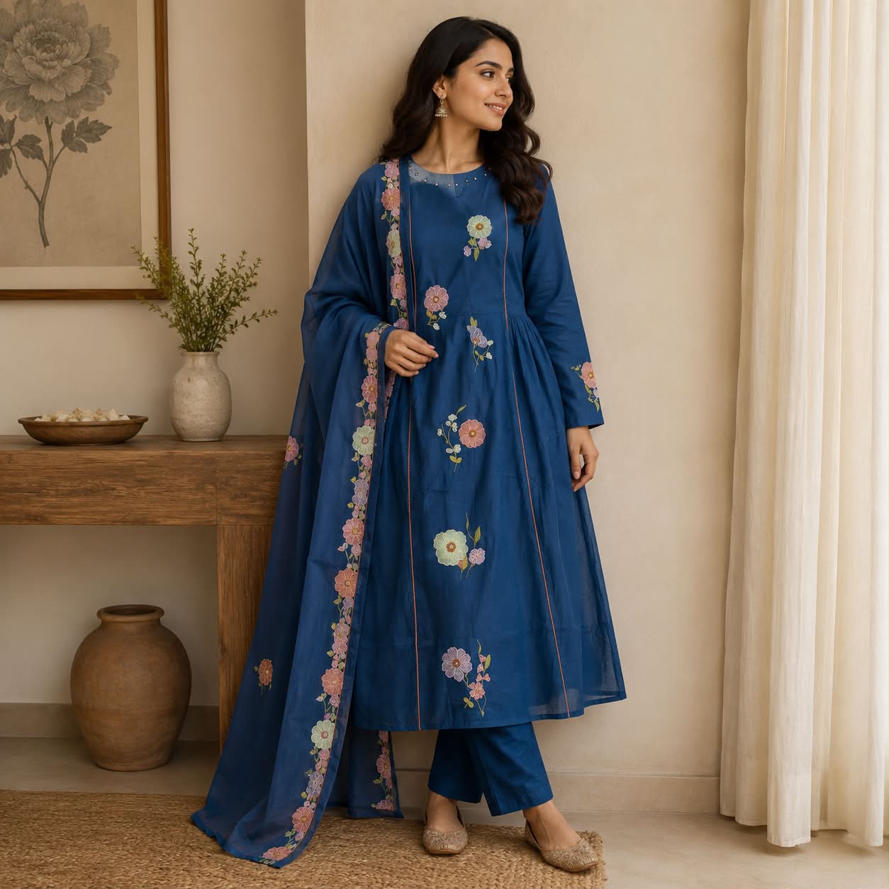 Blue pure cotton floral embroidered anarkali set