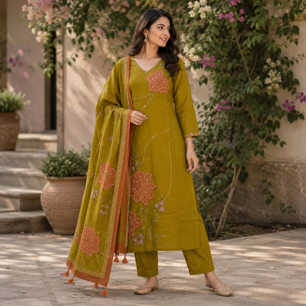 Mehendi pure cotton aari kurti set