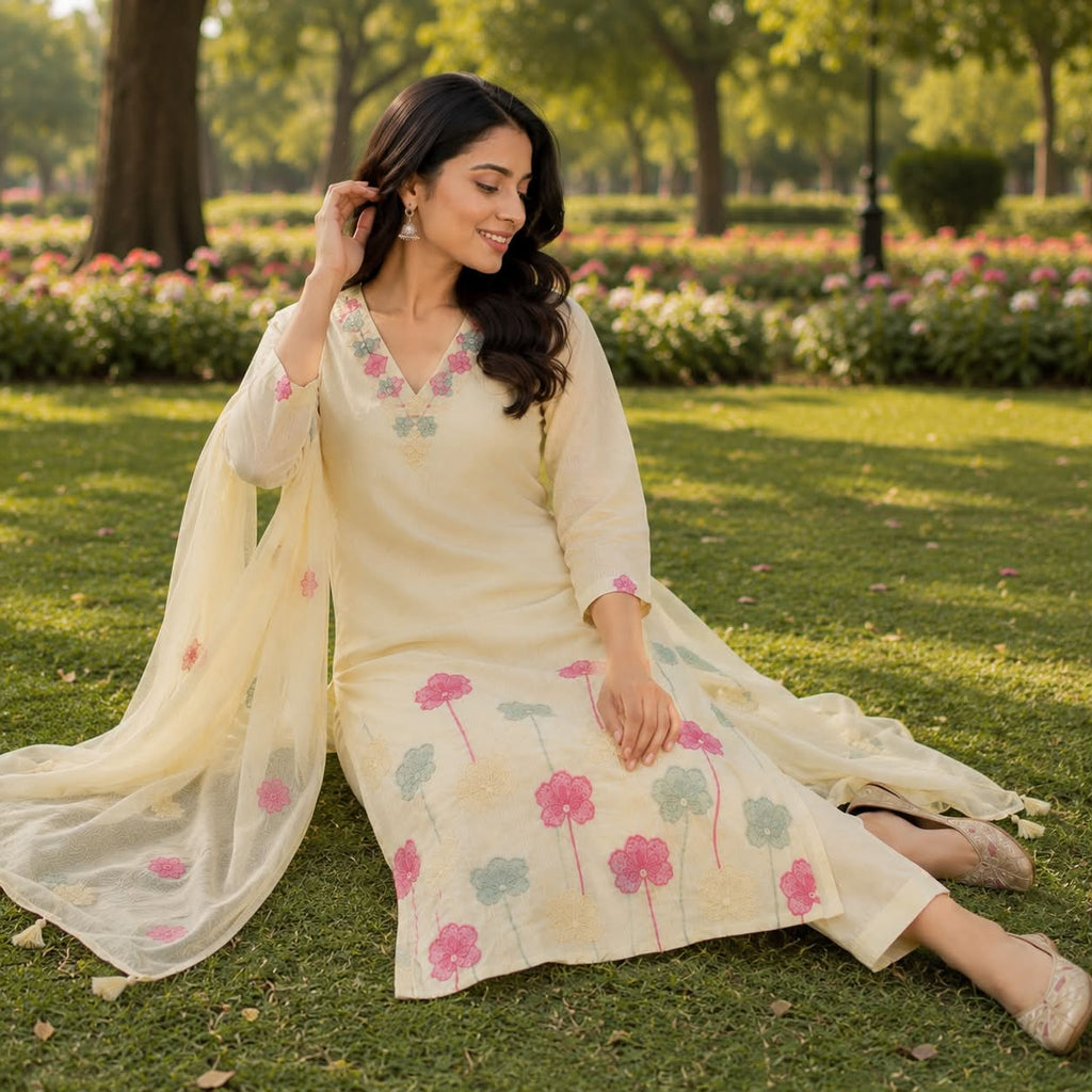 Off white mul chanderi cotton kurti set