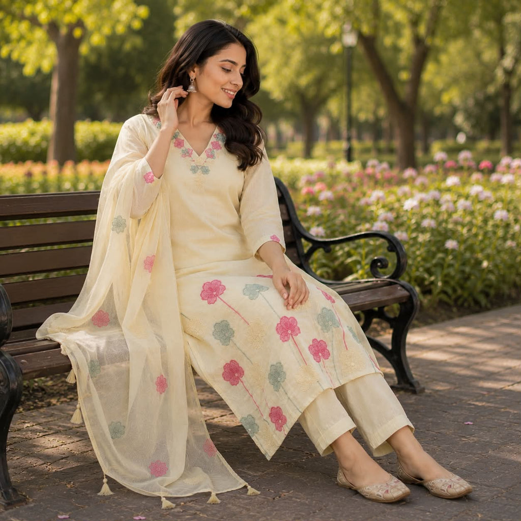 Off white mul chanderi cotton kurti set