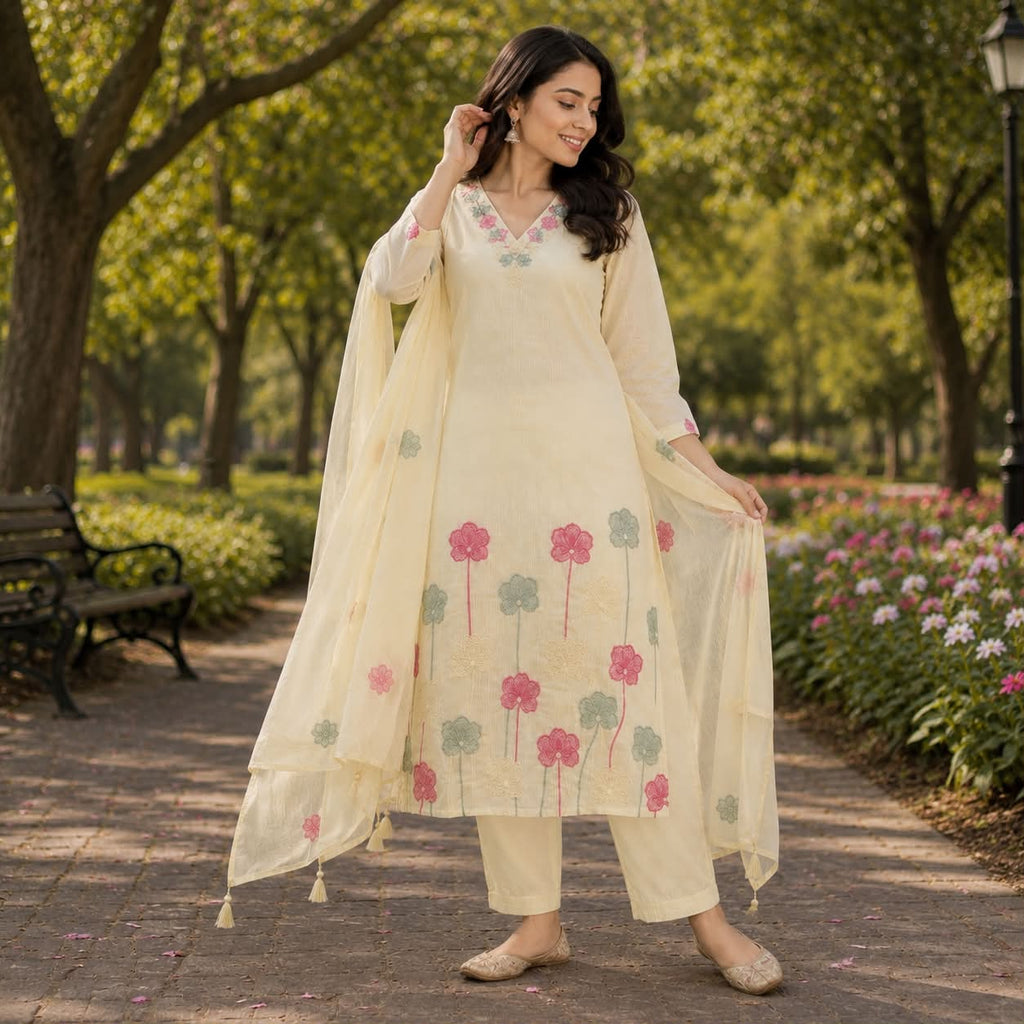 Off white mul chanderi cotton kurti set