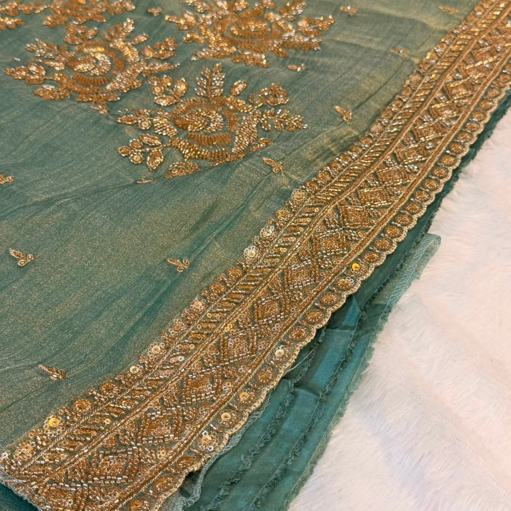Emerald green heavy work dress material