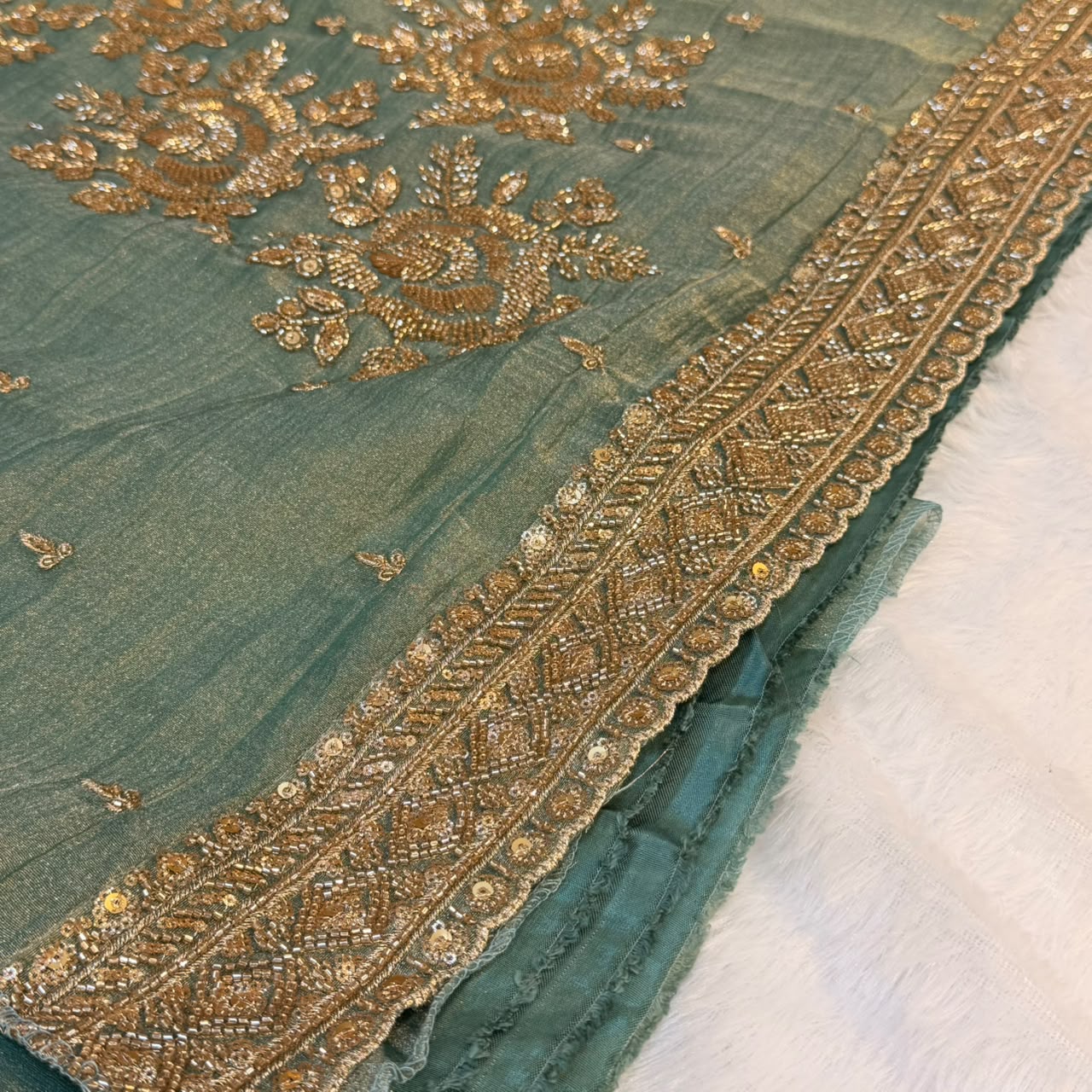 Emerald green heavy work dress material