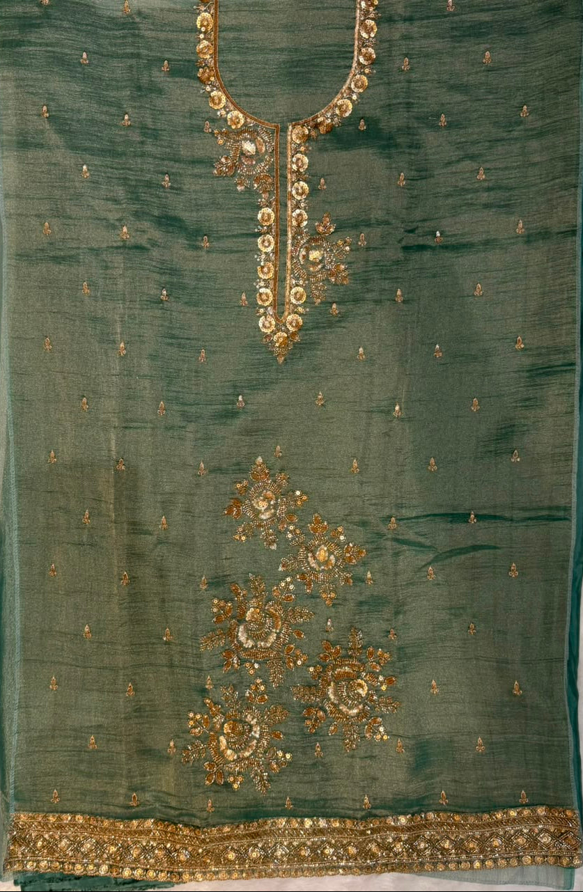 Emerald green heavy work dress material