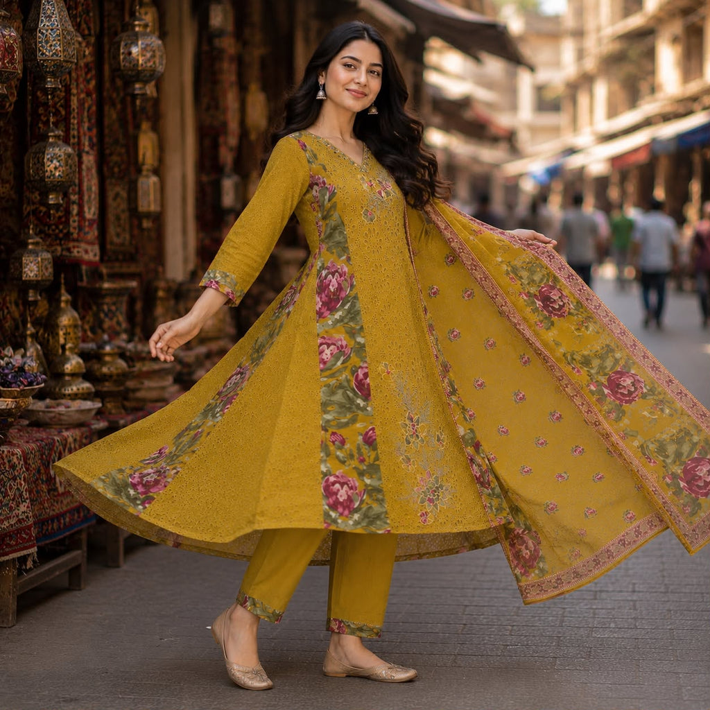 Gulbahar Flared Anarkali  Pure Cotton Kurti Set