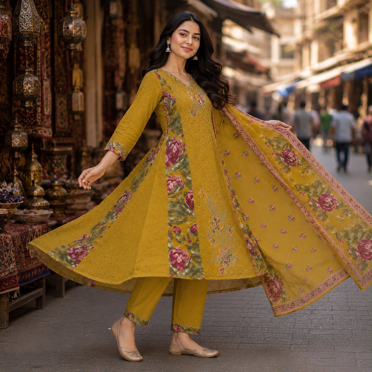 Gulbahar Flared Anarkali  Pure Cotton Kurti Set