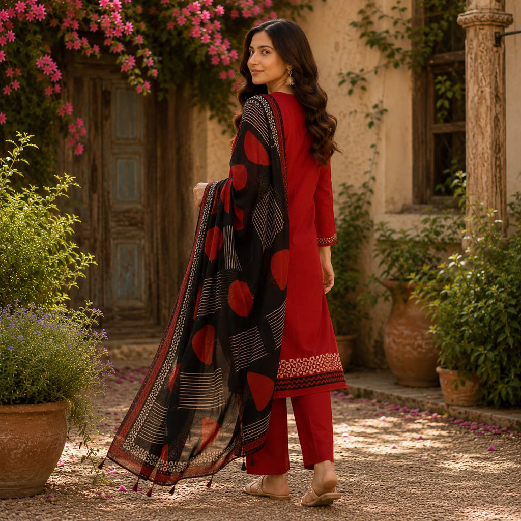Elegance Pure Cotton Red Printed Kurti Set