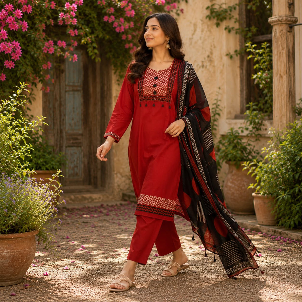 Elegance Pure Cotton Red Printed Kurti Set